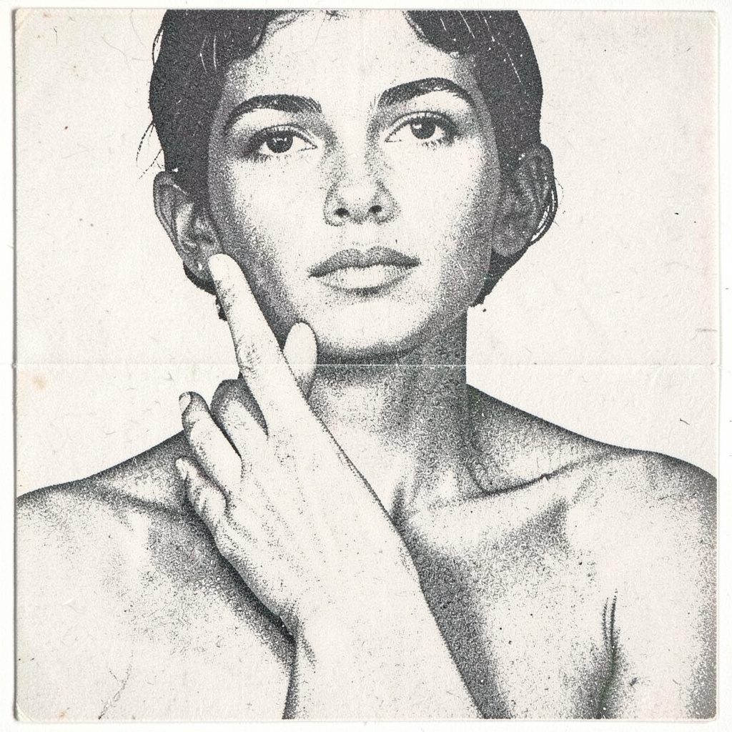 Two-tone risograph print in warm cream and muted tan, abstractly conveying a smooth and lifted neck contour.